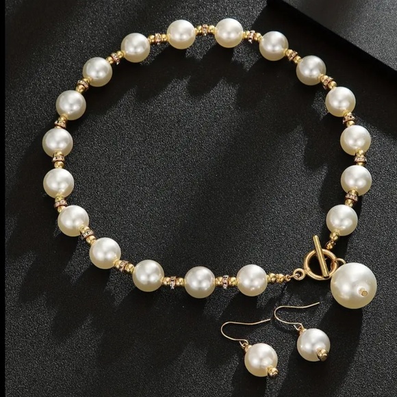 Pearl Choker & Earrings Jewelry Set Gold Bridal Wedding Old Money - Picture 3 of 8